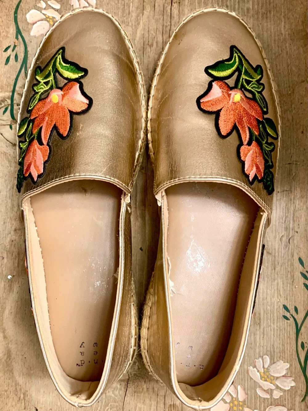 a new day Gold Espadrille Slip-Ons with Pink Floral Applique